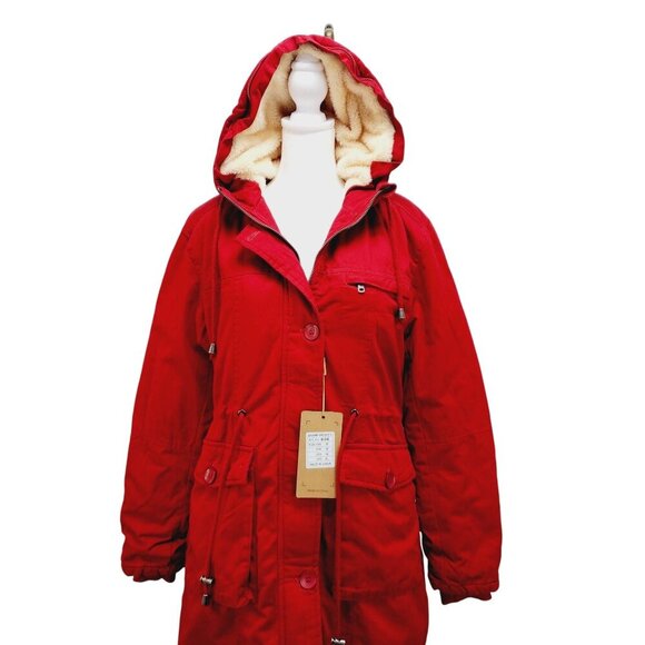 WenVen Jacket Womens Sherpa Lined Hooded Chore Coat Removable Fur Red Size M New - Picture 15 of 16